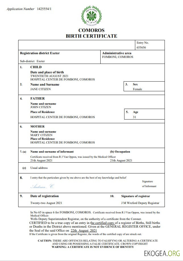Modèle Word et PDF d'acte de naissance des Comores
